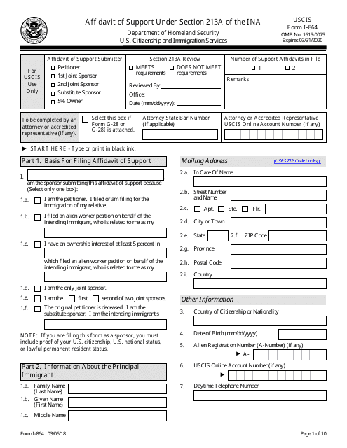USCIS Form I-864  Printable Pdf