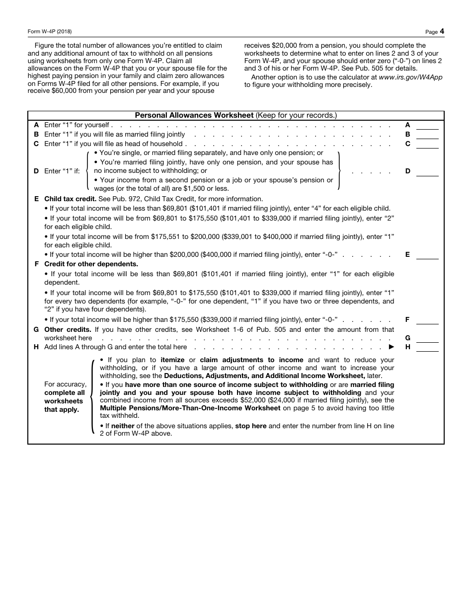 IRS Form W4P Download Fillable PDF or Fill Online Withholding