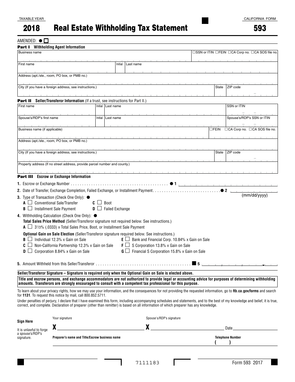 Form 593 Real Estate Withholding Tax Statement - California, Page 1
