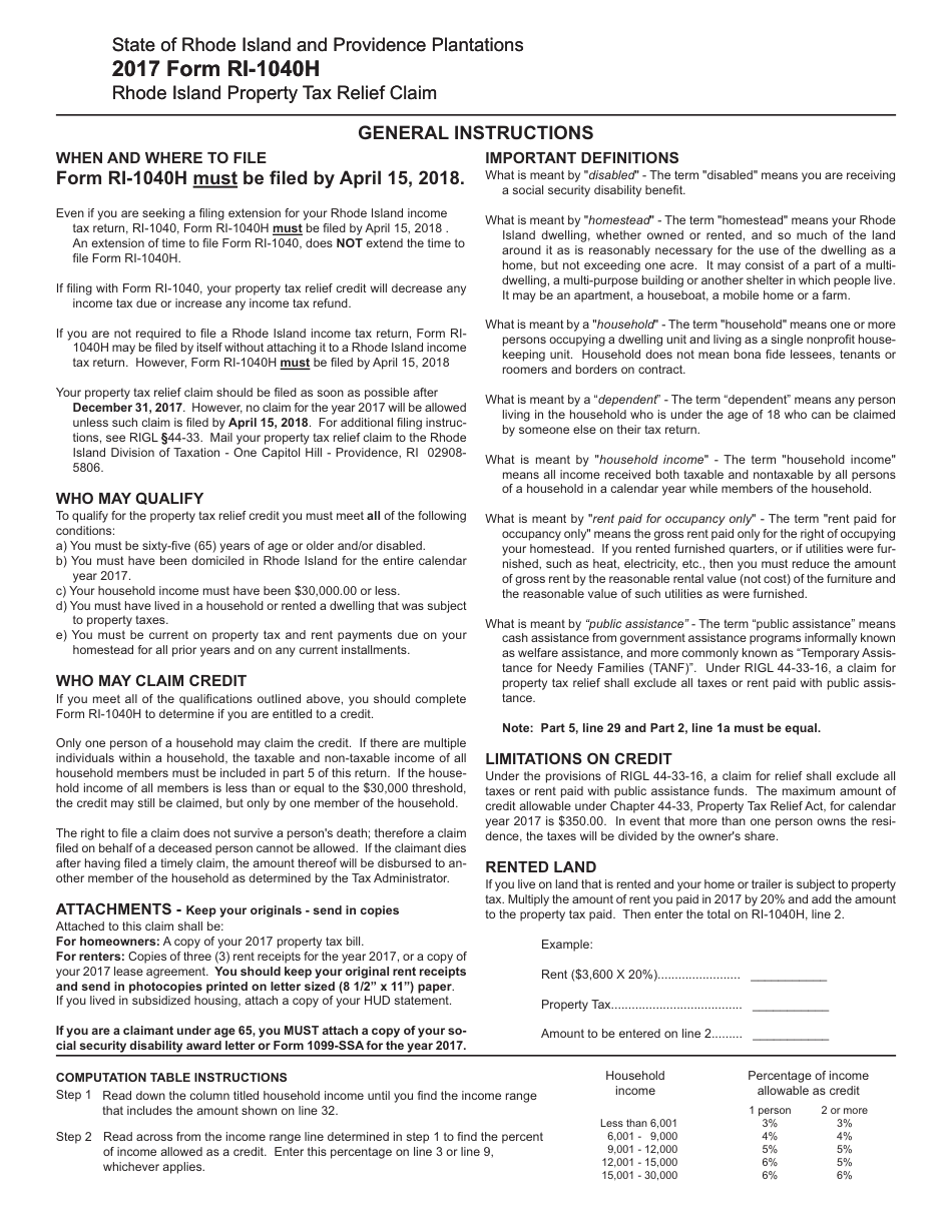 Form RI-1040H Rhode Island Property Tax Relief Claim - Rhode Island, Page 3