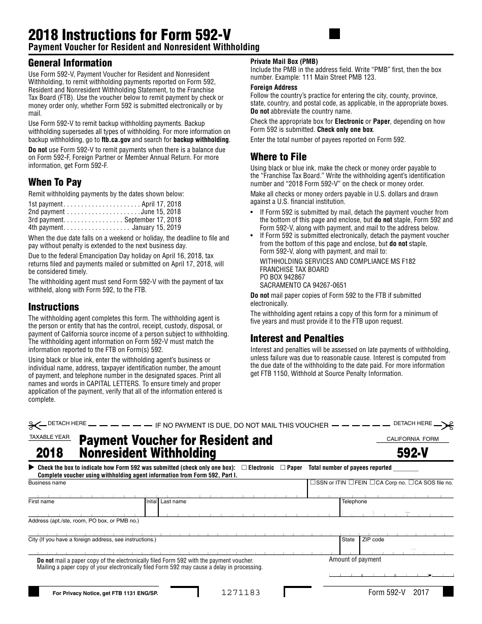 Form 592-V - 2018 - Fill Out, Sign Online And Download Fillable PDF ...