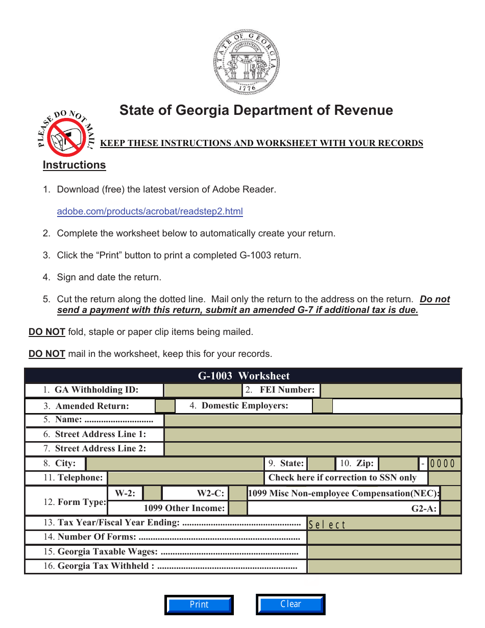 Form G-1003 Income Statement Return - Georgia (United States), Page 1