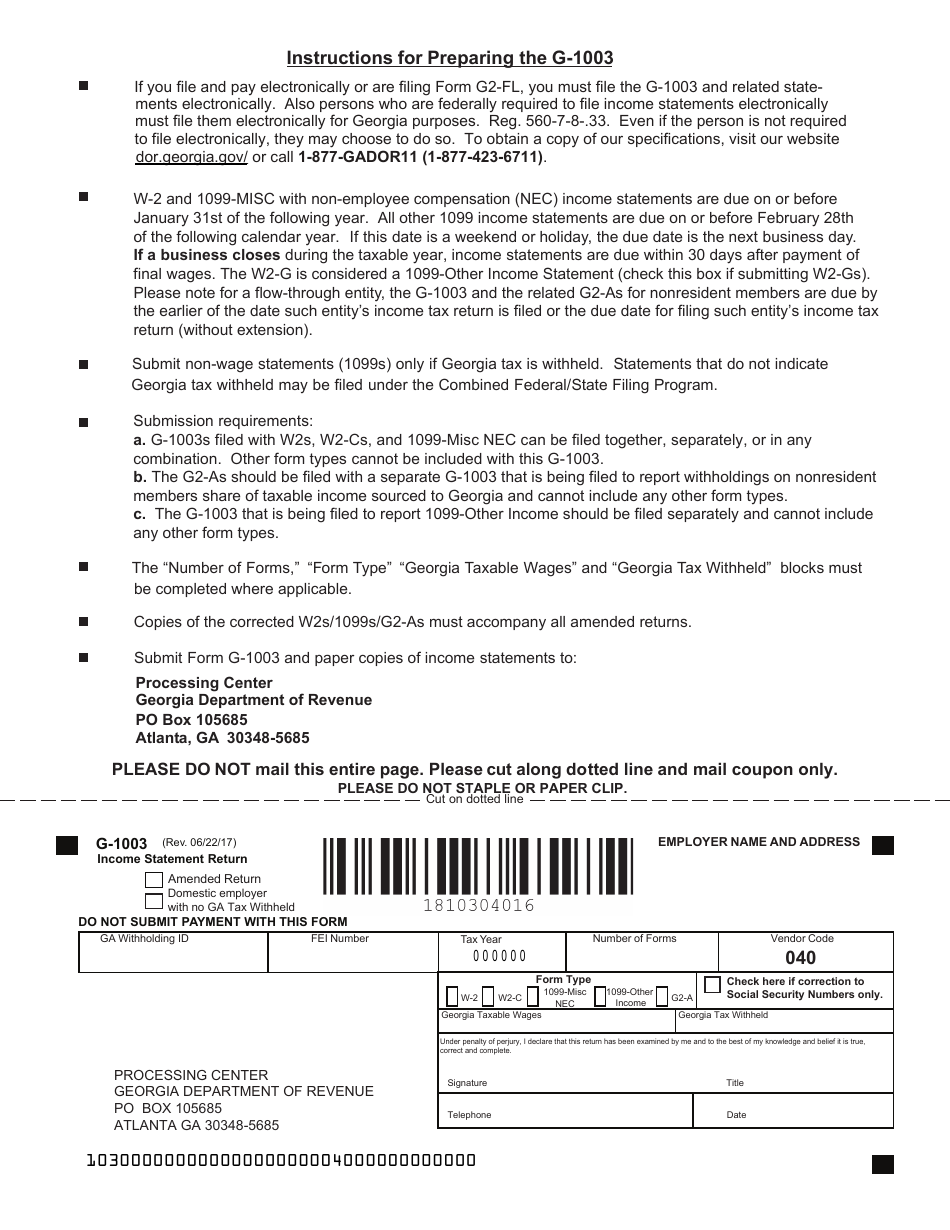 Form G-1003 Income Statement Return - Georgia (United States), Page 2