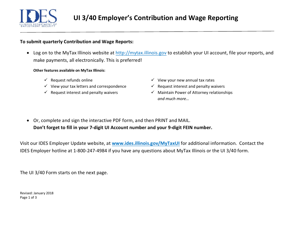 Form UI3 / 40 Employers Contribution and Wage Report - Illinois, Page 1