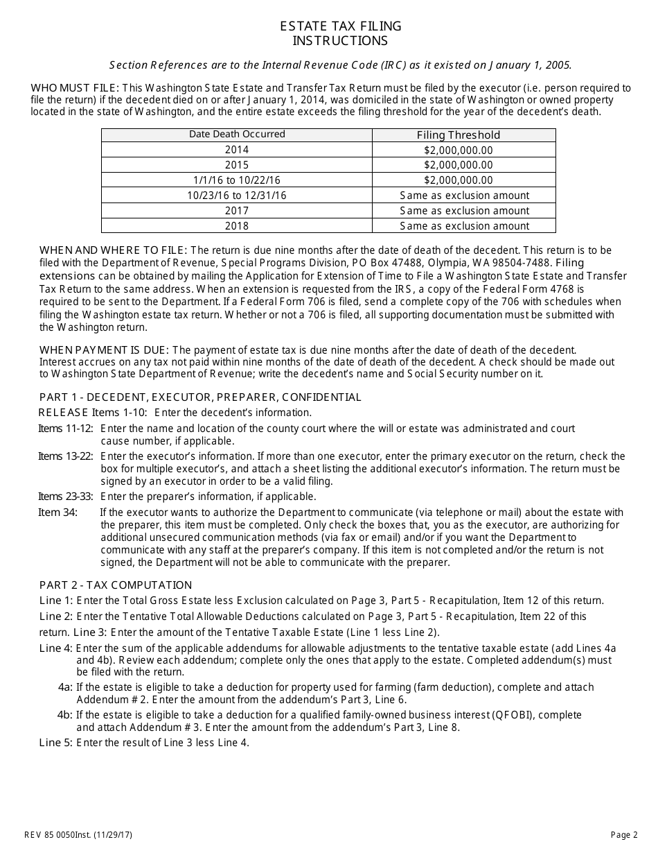 Instructions for Form REV85 0050 Washington State Estate and Transfer Tax Return - Washington, Page 1