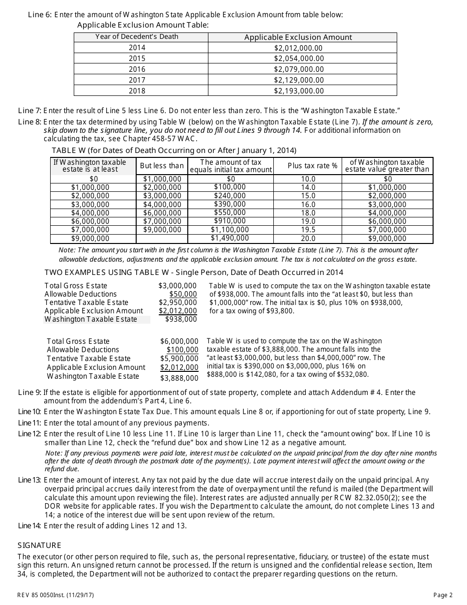 Instructions for Form REV85 0050 Washington State Estate and Transfer Tax Return - Washington, Page 2