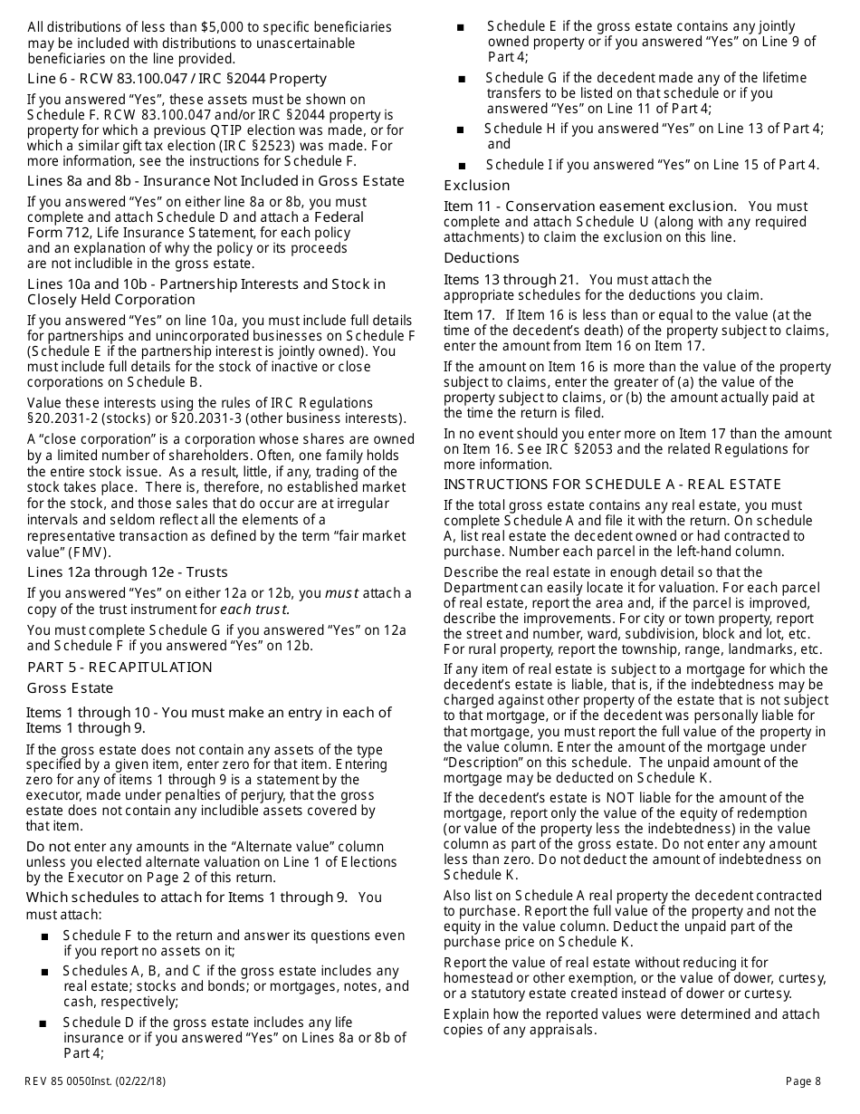 Instructions for Form REV85 0050 Washington State Estate and Transfer Tax Return - Washington, Page 8