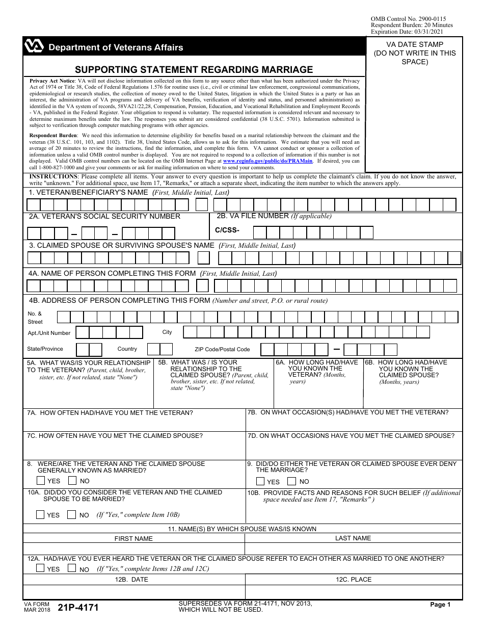 VA Form 21P-4171 Supporting Statement Regarding Marriage, Page 1