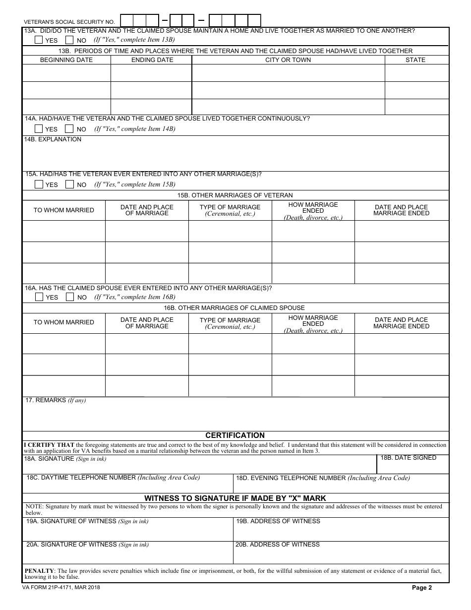 VA Form 21P-4171 Supporting Statement Regarding Marriage, Page 2