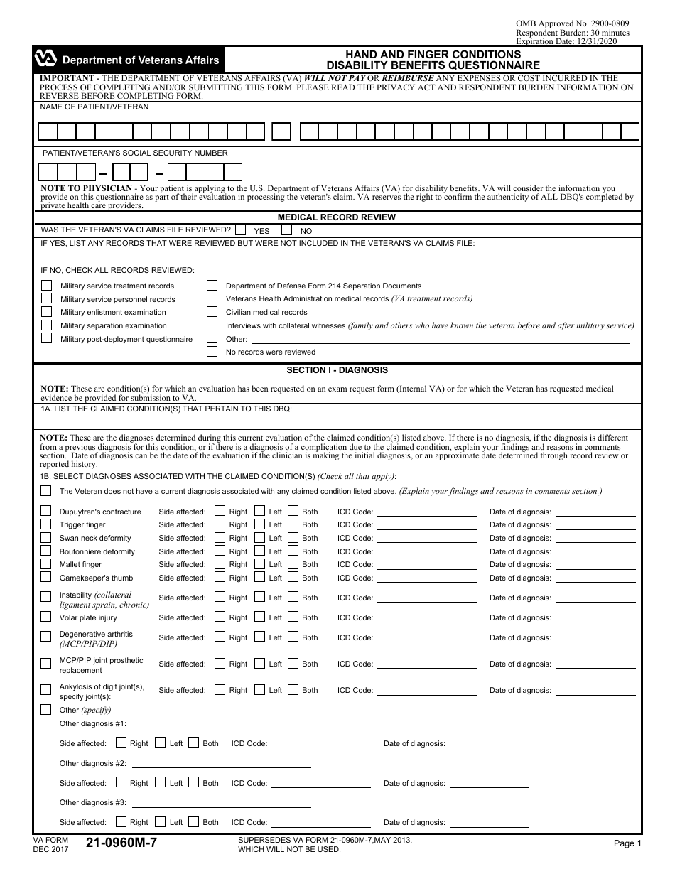 VA Form 21-0960M-7 Hand and Finger Conditions Disability Benefits Questionnaire, Page 1