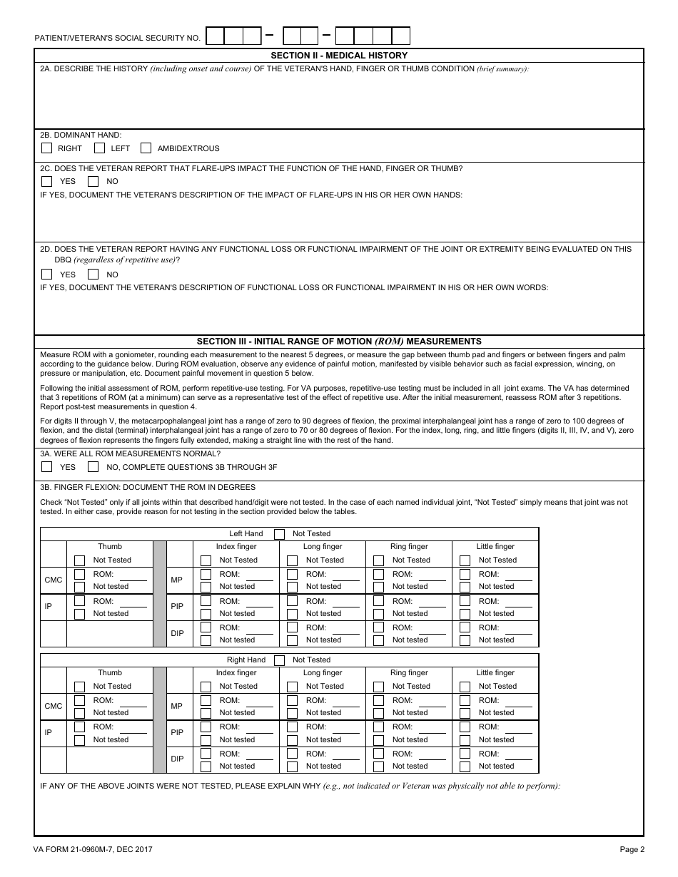 VA Form 21-0960M-7 Hand and Finger Conditions Disability Benefits Questionnaire, Page 2