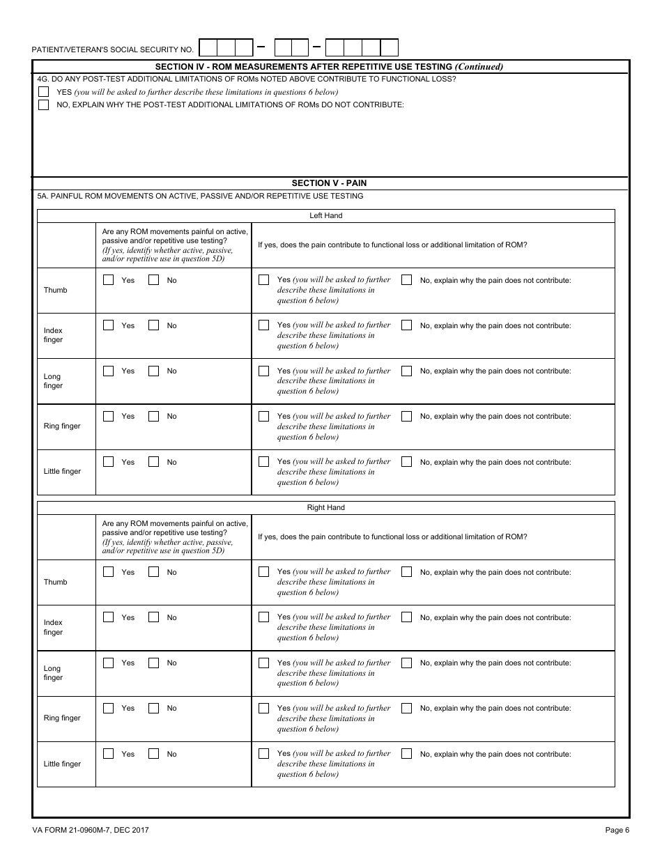 VA Form 21-0960M-7 Hand and Finger Conditions Disability Benefits Questionnaire, Page 6