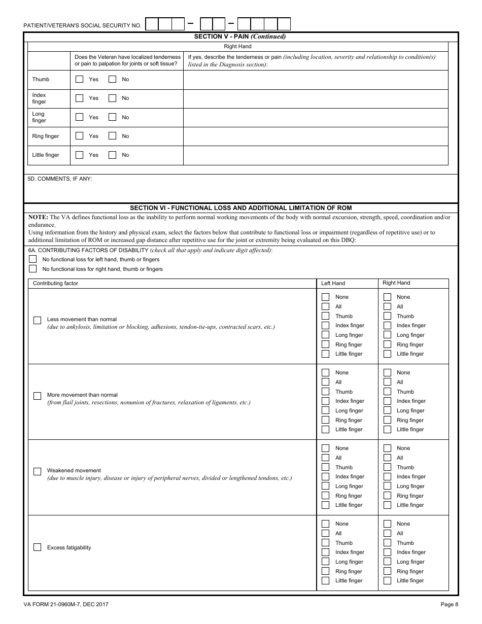 VA Form 21-0960M-7 Hand and Finger Conditions Disability Benefits Questionnaire, Page 8