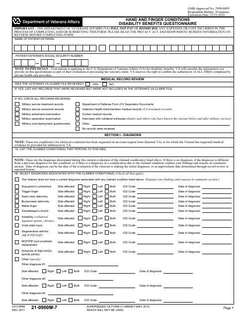 VA Form 21-0960M-7 Hand and Finger Conditions Disability Benefits Questionnaire