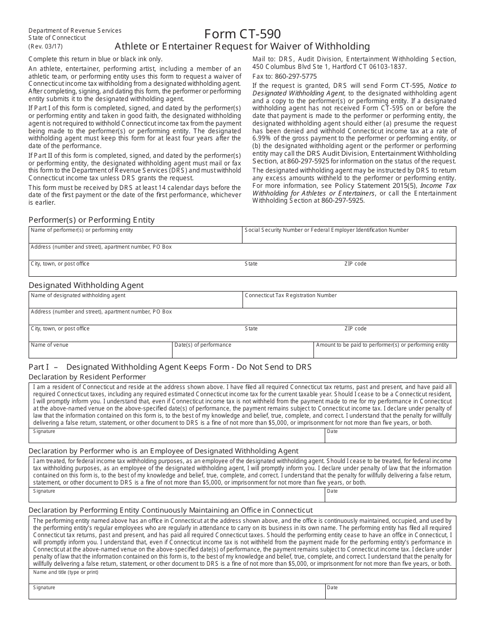 Form CT-590 Athlete or Entertainer Request for Waiver of Withholding - Connecticut, Page 1