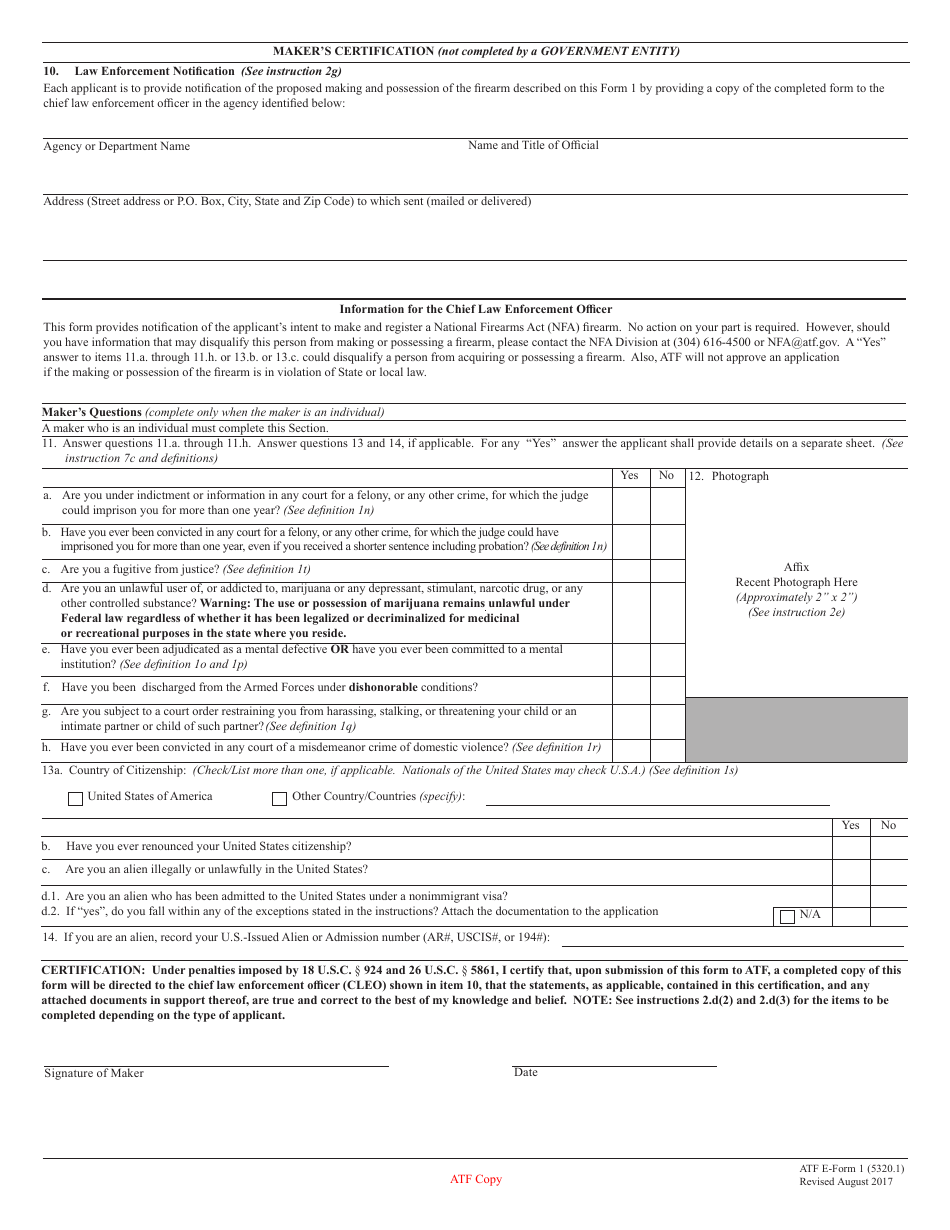 ATF Form 1 (5320.1) Application to Make and Register a Firearm, Page 2