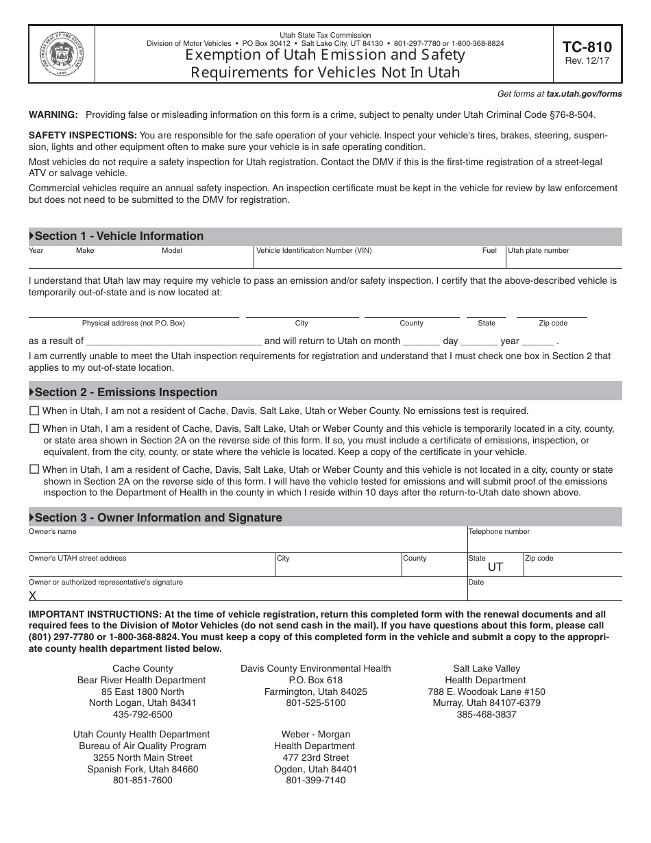 Form TC-810 Exemption of Utah Emission and Safety Requirements for Vehicles Not in Utah - Utah, Page 1