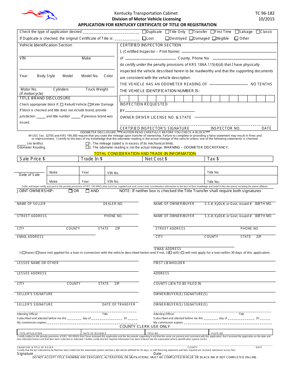 Form TC96-182 Application for Kentucky Certificate of Title or Registration - Kentucky, Page 1