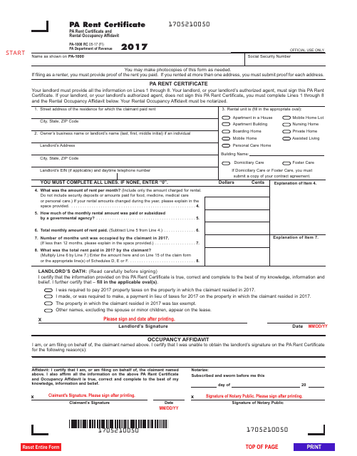 Form PA-1000 RC Download Fillable PDF 2017, Pa Rent Certificate and ...