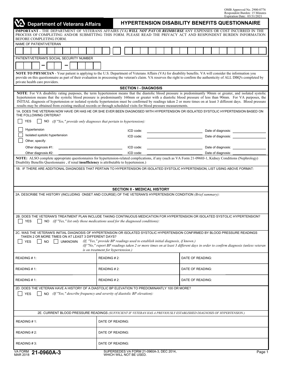 VA Form 21-0960A-3 Hypertension Disability Benefits Questionnaire, Page 1