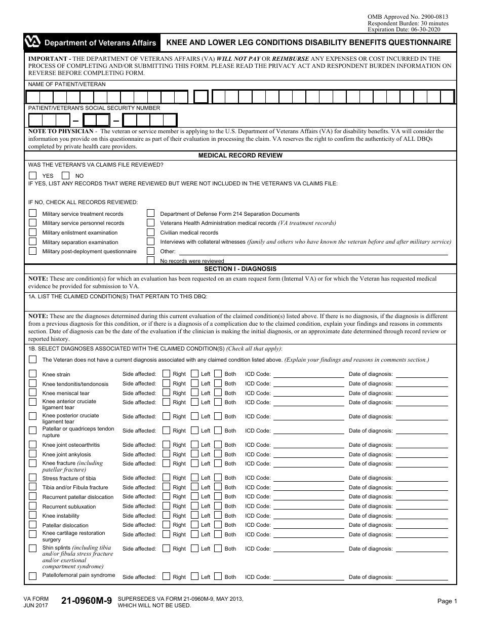 VA Form 21-0960M-9 Knee and Lower Leg Conditions Disability Benefits Questionnaire, Page 1