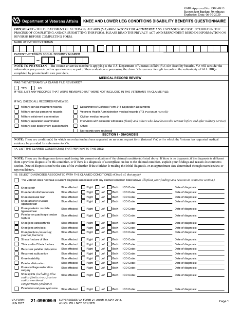 VA Form 21-0960M-9 Knee and Lower Leg Conditions Disability Benefits Questionnaire