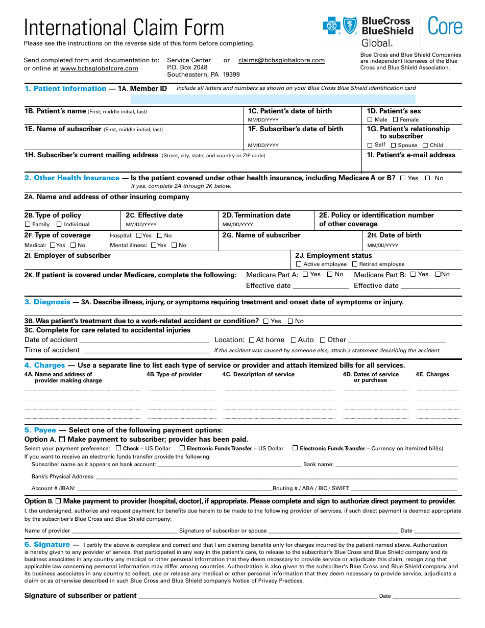 Form 18-059-N35 International Claim Form - Bluecross Blueshield, Page 1