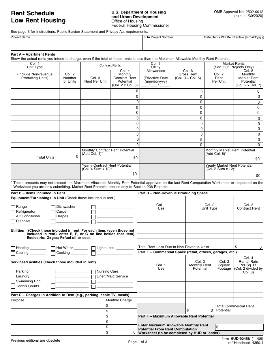 Form HUD-92458 Rent Schedule Low Rent Housing, Page 1