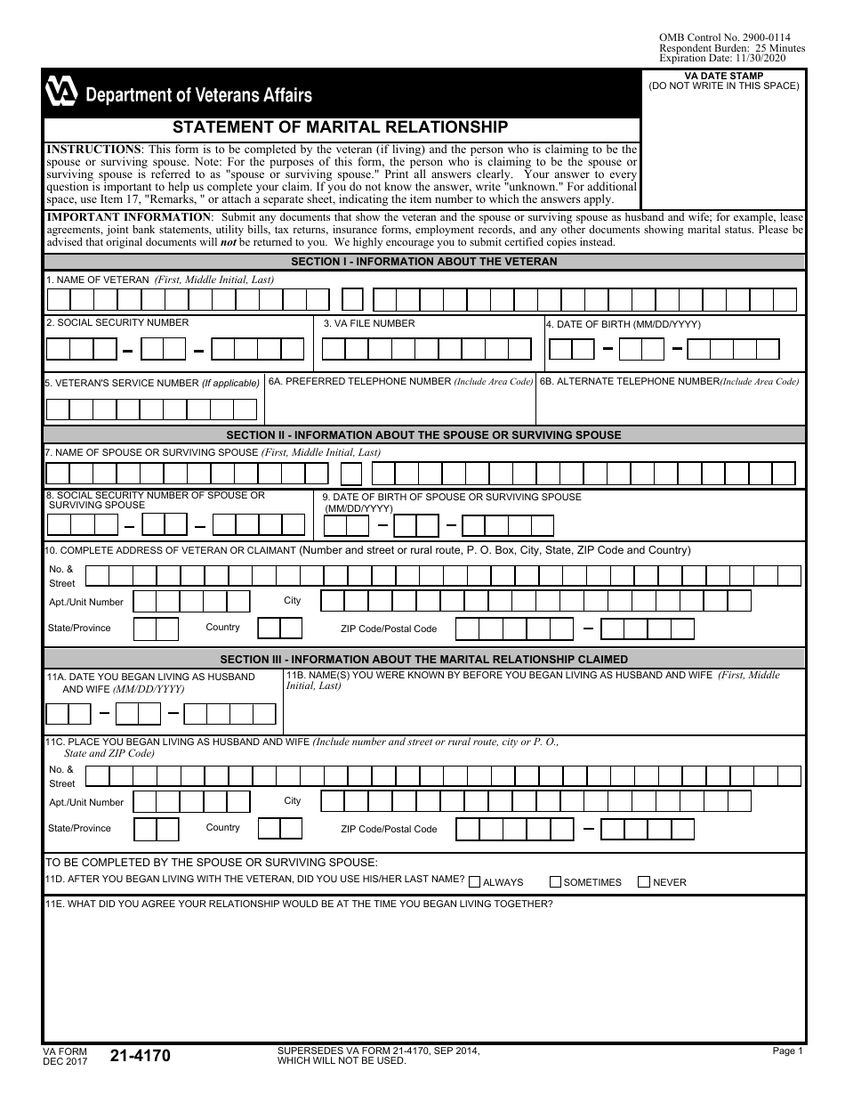 VA Form 21-4170 Statement of Marital Relationship, Page 1
