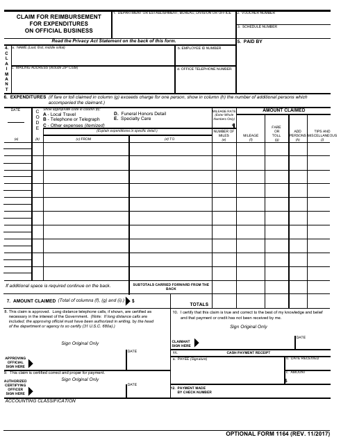 Optional Form 1164 Claim for Reimbursement for Expenditures on Official Business