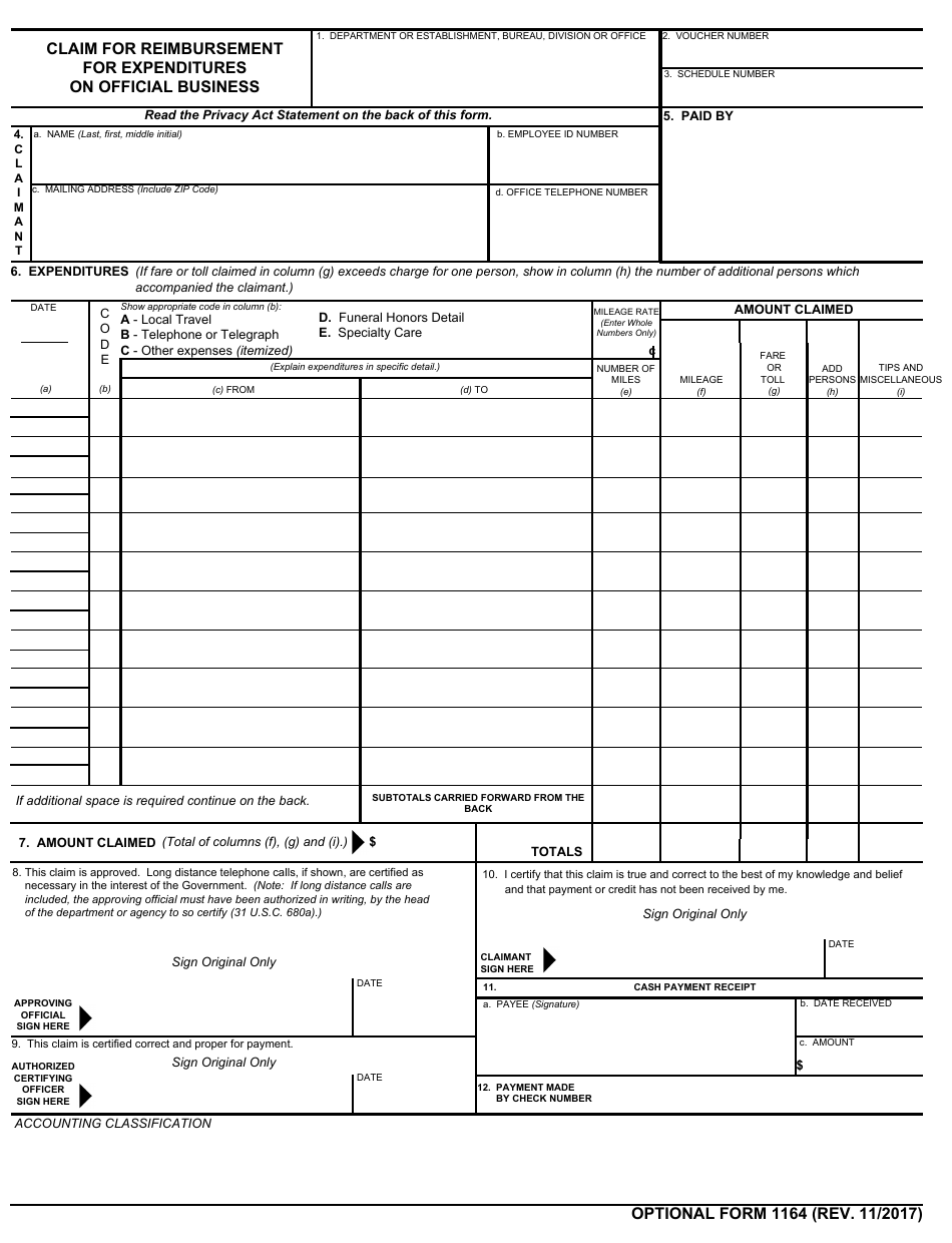 Optional Form 1164 Claim for Reimbursement for Expenditures on Official Business, Page 1
