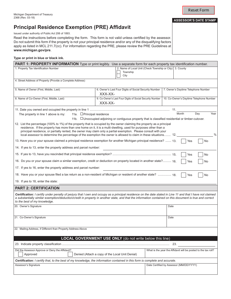 Form 2368 Principal Residence Exemption (Pre) Affidavit - Michigan, Page 1