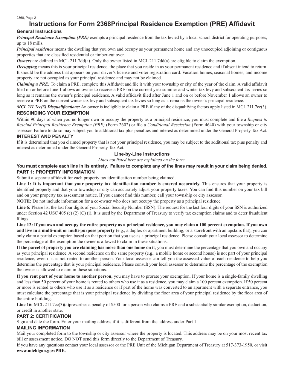 Form 2368 Principal Residence Exemption (Pre) Affidavit - Michigan, Page 2