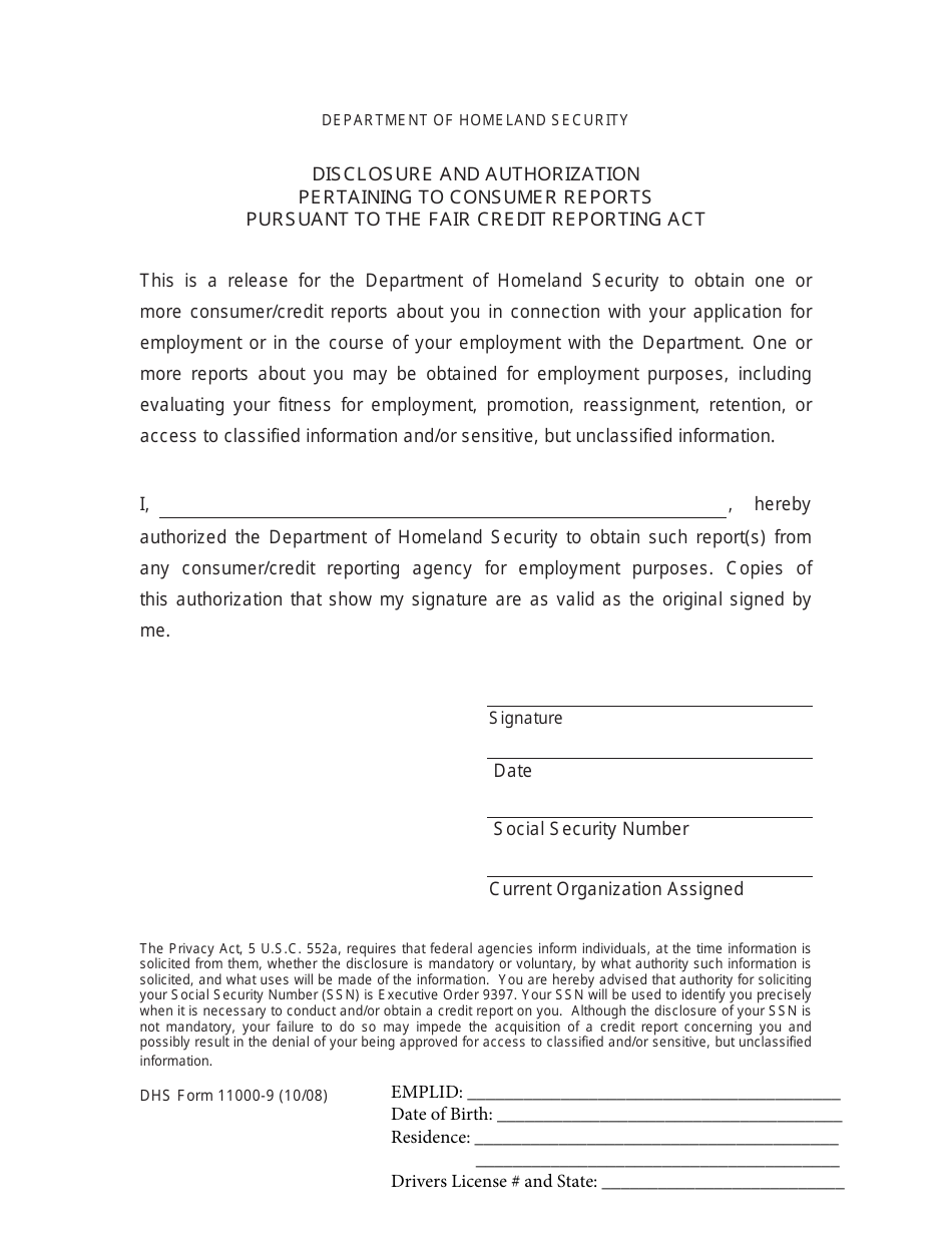 DHS Form 11000-9 Disclosure and Authorization Pertaining to Consumer Reports Pursuant to the Fair Credit Reporting Act, Page 1