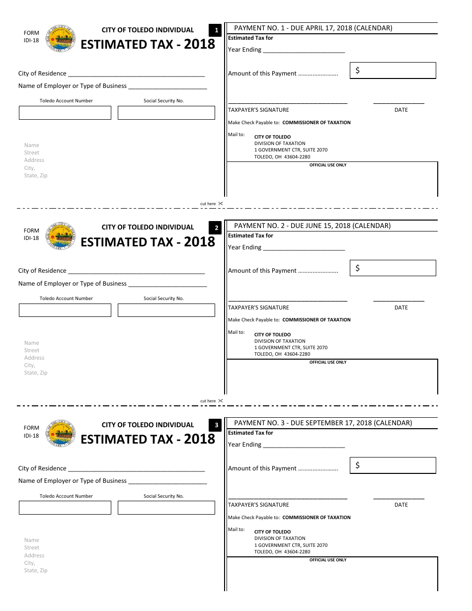 Form IDI-18 Individual Estimated Tax - City of Toledo, Ohio, Page 1