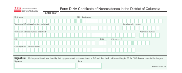 Document preview: Form D-4A Certificate of Nonresidence in the District of Columbia - Washington, D.C.