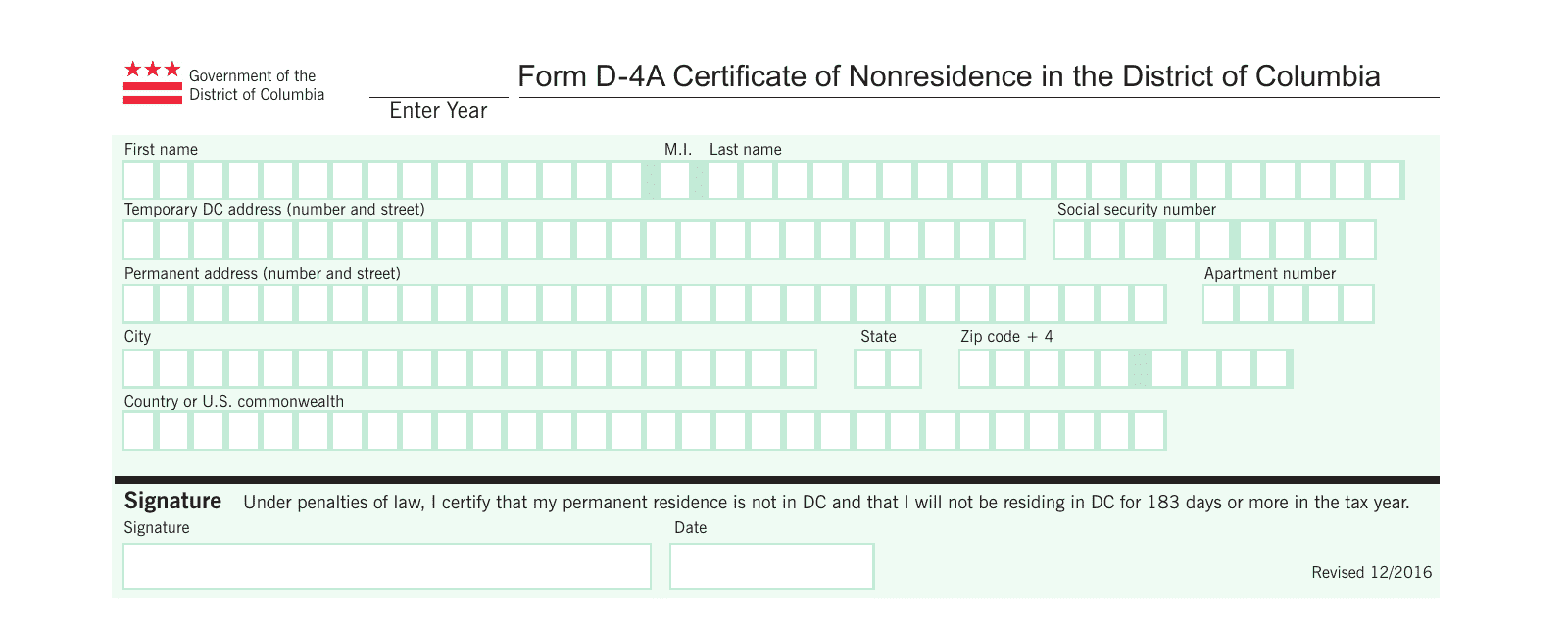 Form D-4A Certificate of Nonresidence in the District of Columbia - Washington, D.C.