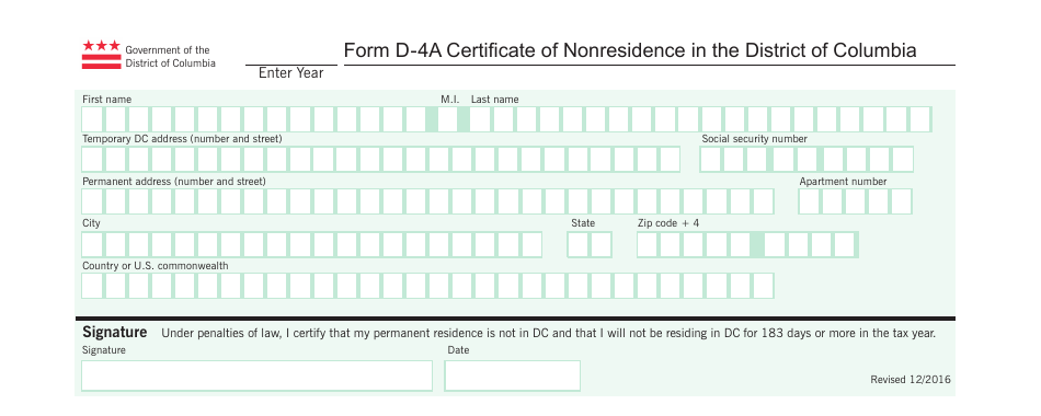 Form D-4A Certificate of Nonresidence in the District of Columbia - Washington, D.C., Page 1