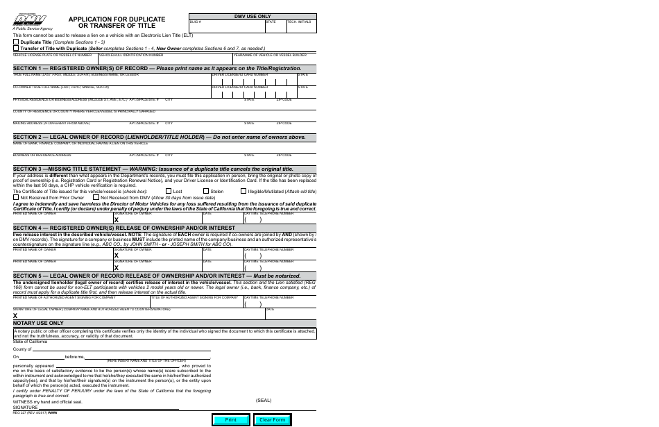 Form REG227 Application for Duplicate or Transfer of Title - California, Page 1