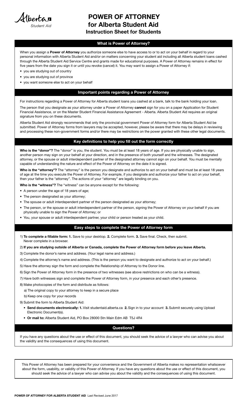 Power of Attorney for Alberta Student Aid - Alberta, Canada, Page 1