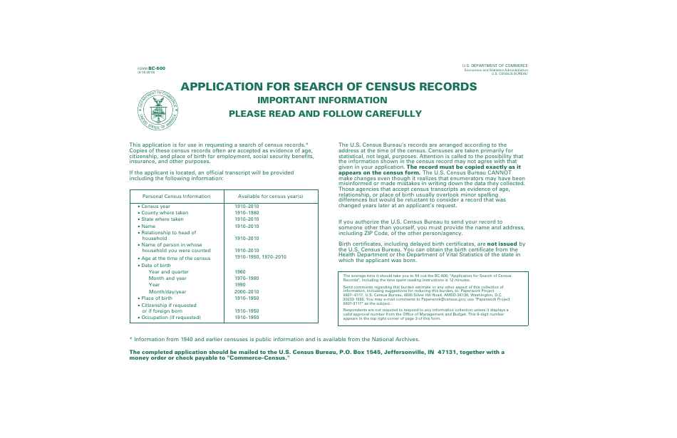 Form BC-600 Application for Search of Census Records, Page 1