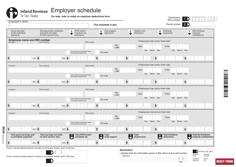 Form IR348 Employer Schedule - New Zealand