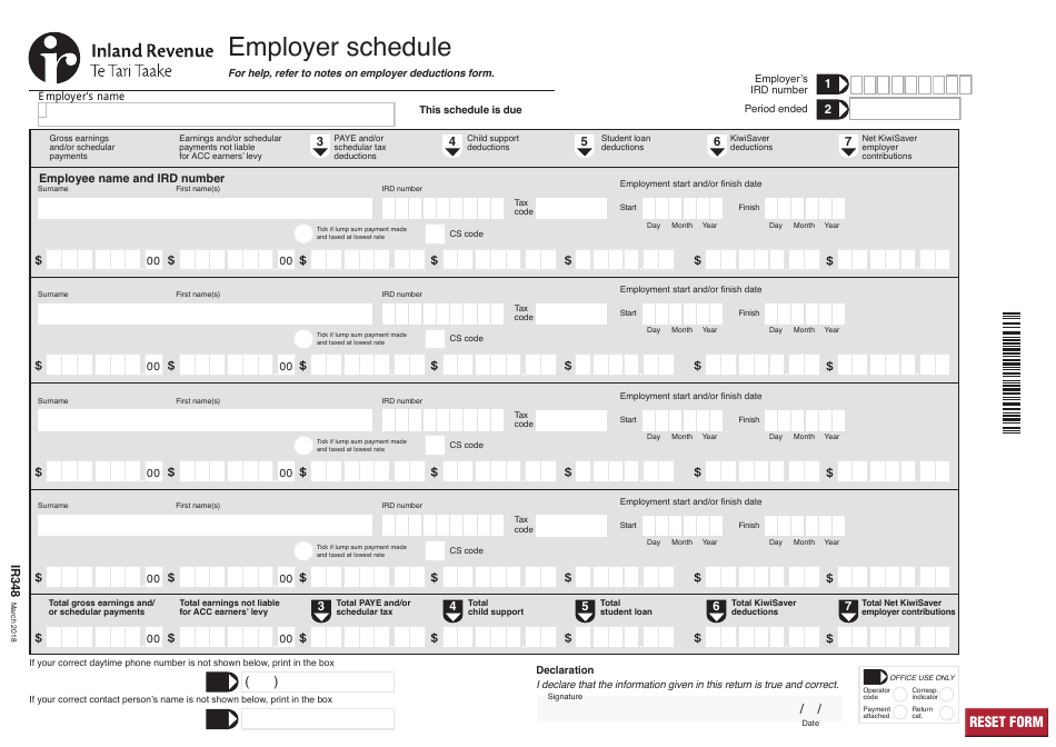 Form IR348 Employer Schedule - New Zealand, Page 1