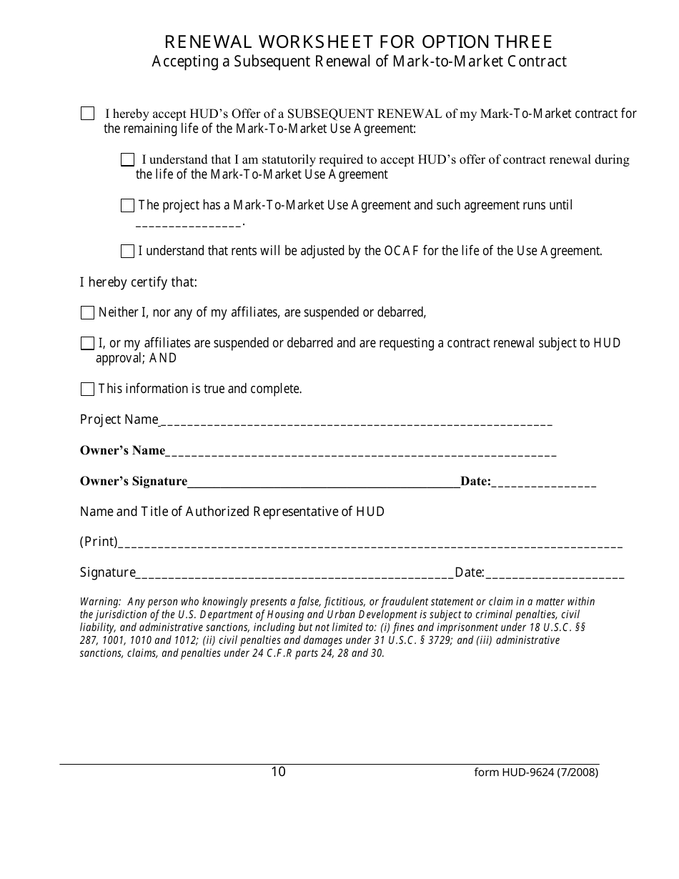 Form HUD-9624 Contract Renewal Request Form - Multifamily Section 8 Contracts, Page 10