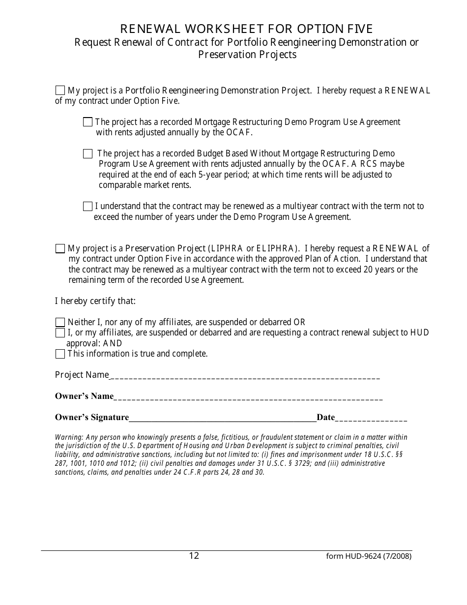 Form HUD-9624 Contract Renewal Request Form - Multifamily Section 8 Contracts, Page 12