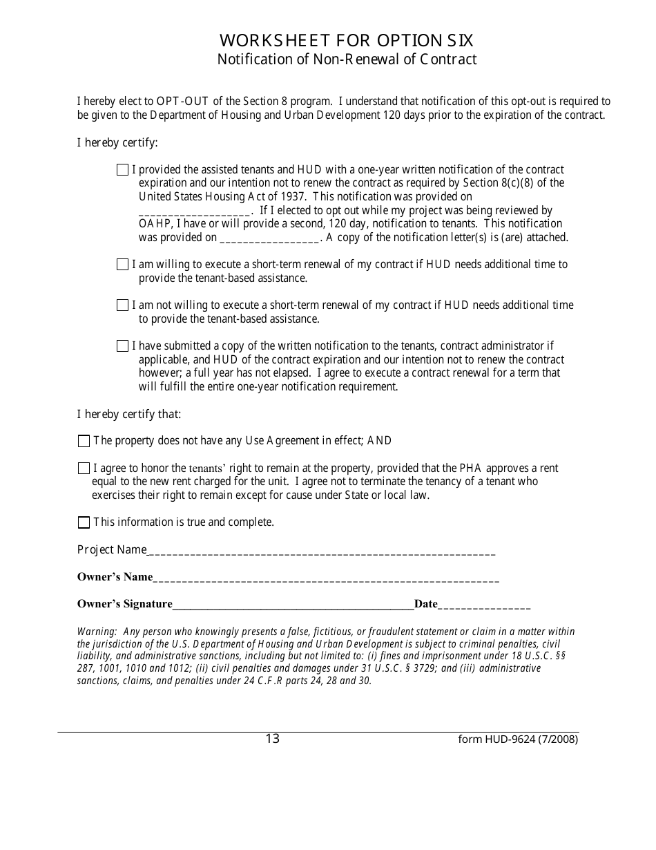 Form HUD-9624 Contract Renewal Request Form - Multifamily Section 8 Contracts, Page 13