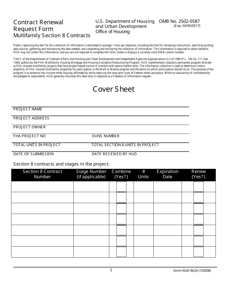 Form HUD-9624 Contract Renewal Request Form - Multifamily Section 8 Contracts, Page 1