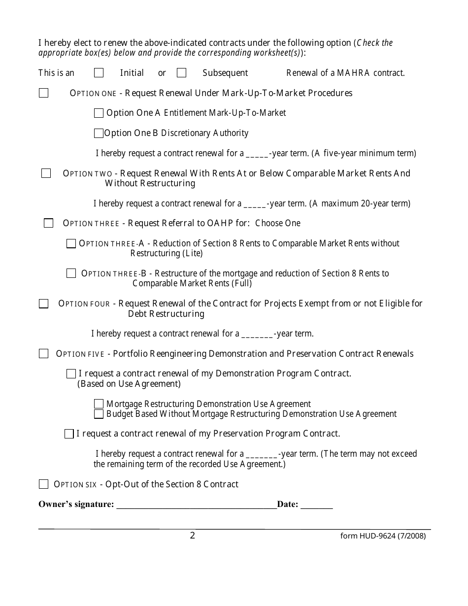 Form HUD-9624 Contract Renewal Request Form - Multifamily Section 8 Contracts, Page 2