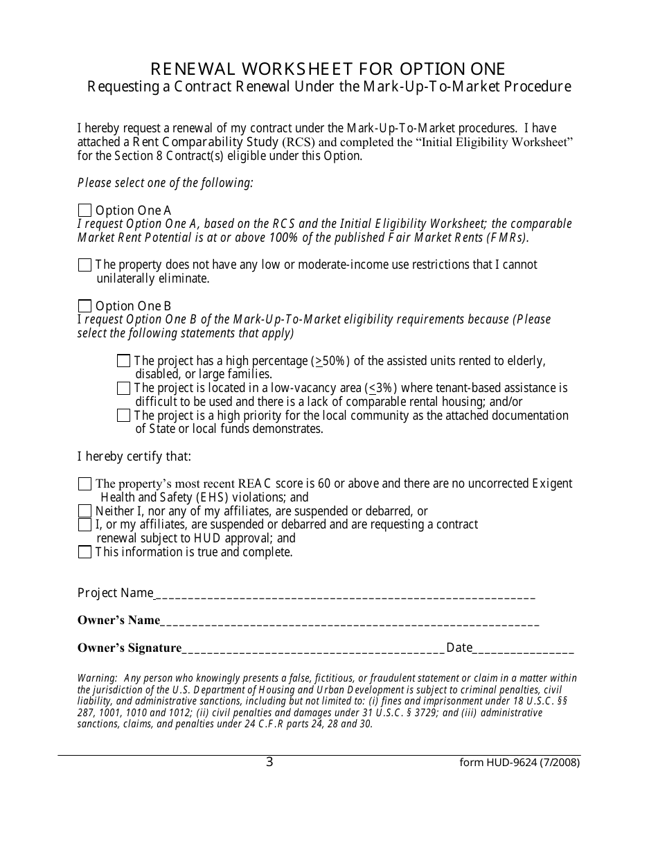 Form HUD-9624 Contract Renewal Request Form - Multifamily Section 8 Contracts, Page 3