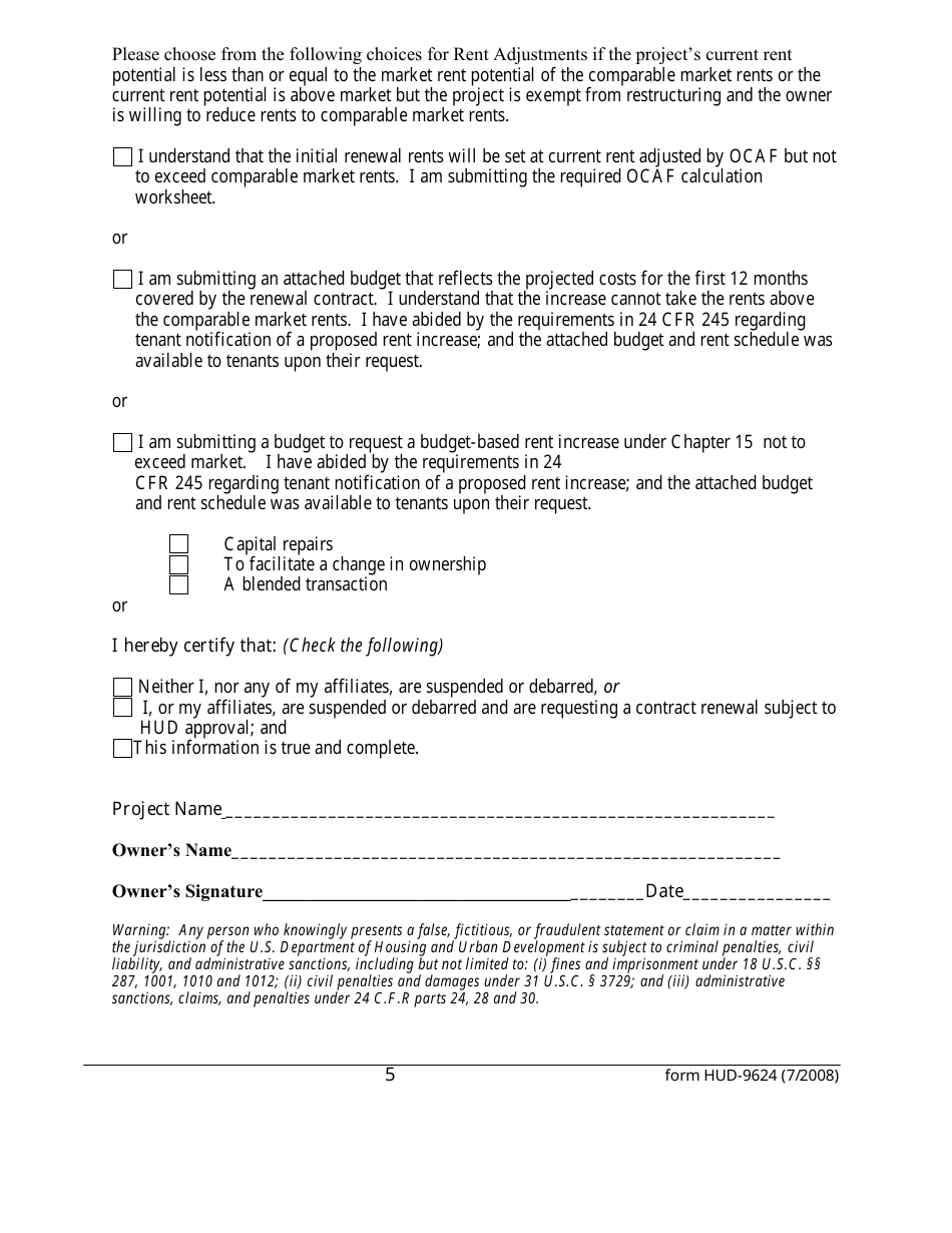 Form HUD-9624 Contract Renewal Request Form - Multifamily Section 8 Contracts, Page 5